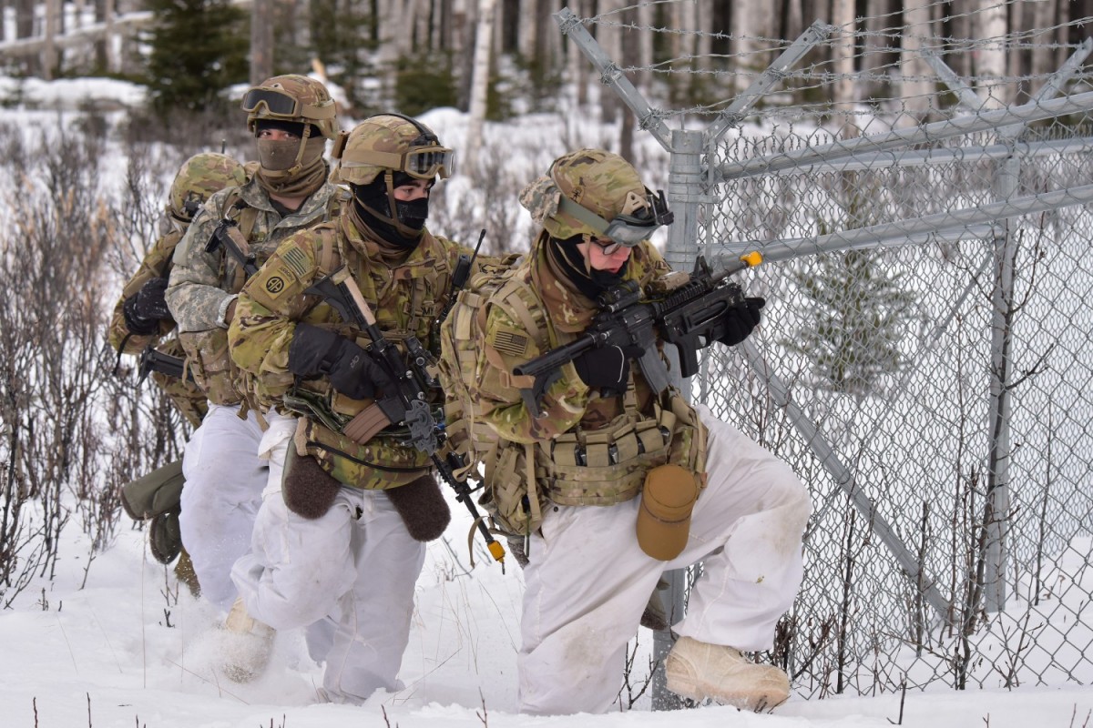 A group of Arctic soldiers participating in Arctic Warrior exercise in Alaska.