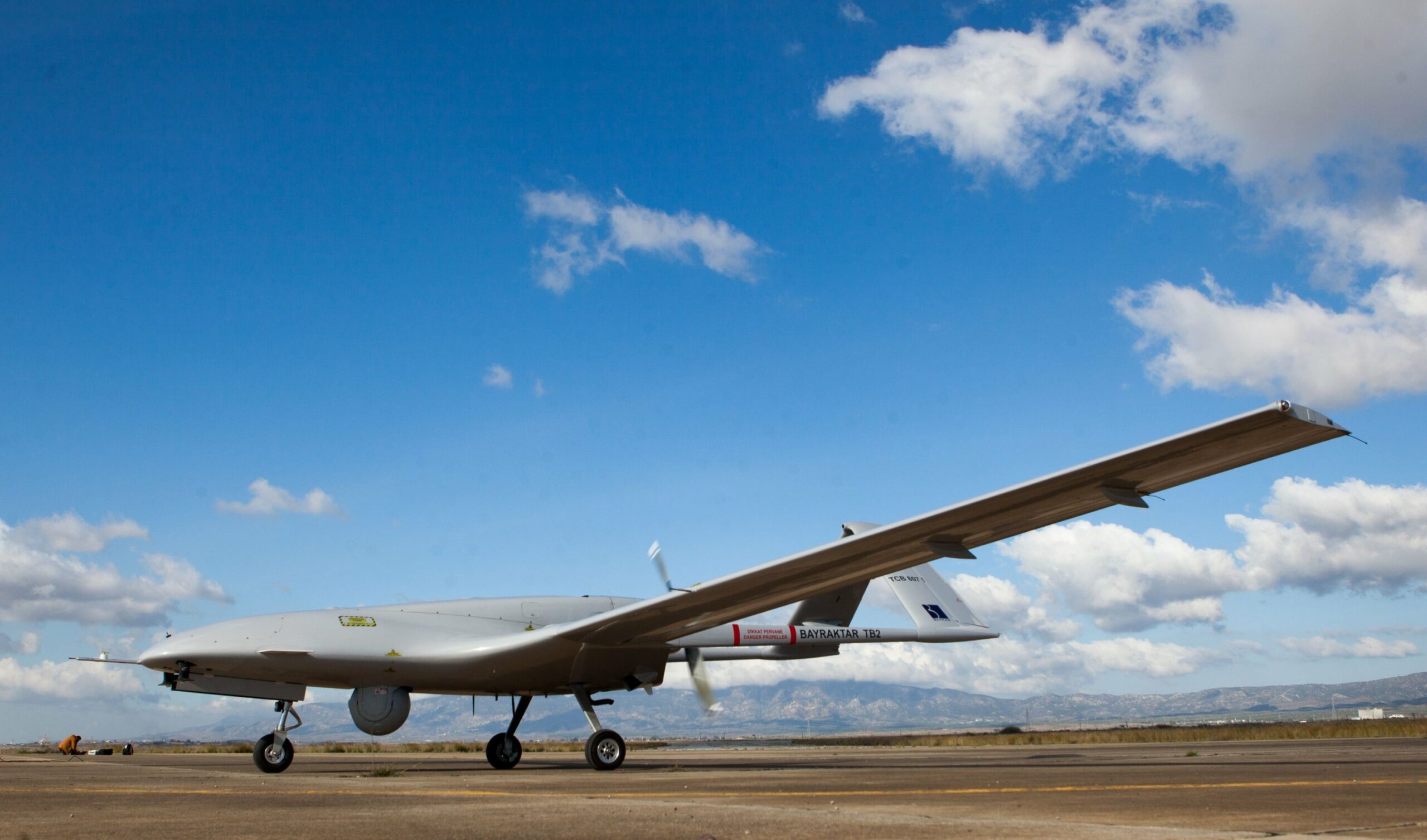 A Turkish-made Bayraktar TB2 drone at Geçitkale military air base near Gazimağusa (Famagusta) in the Turkish Republic of Northern Cyprup, 2019.