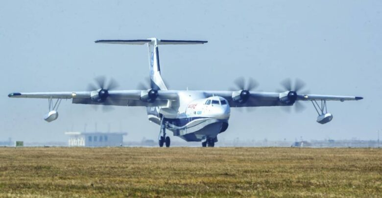 China's home-grown AG600, the world's largest amphibious aircraft in production, also known as 'Kunlong', is seen at Jinwan Airport in Zhuhai in China's southern Guangdong province on December 24, 2017