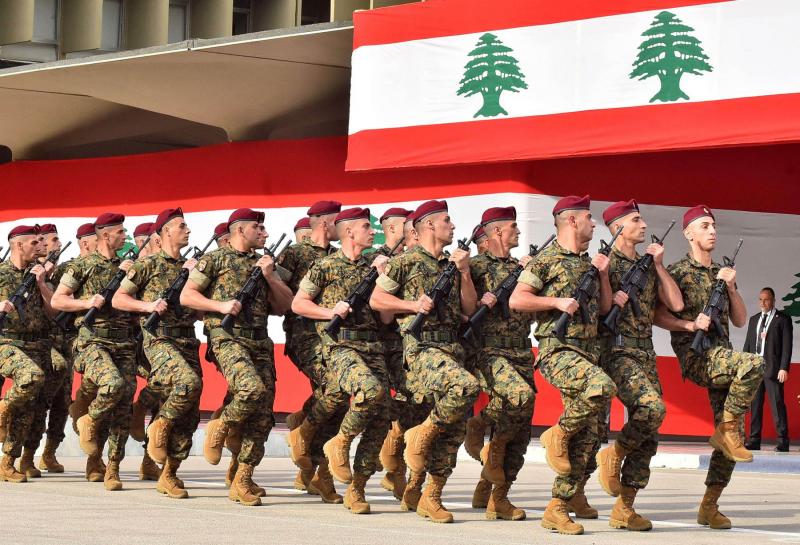 Lebanese army soldiers marching during a military parade