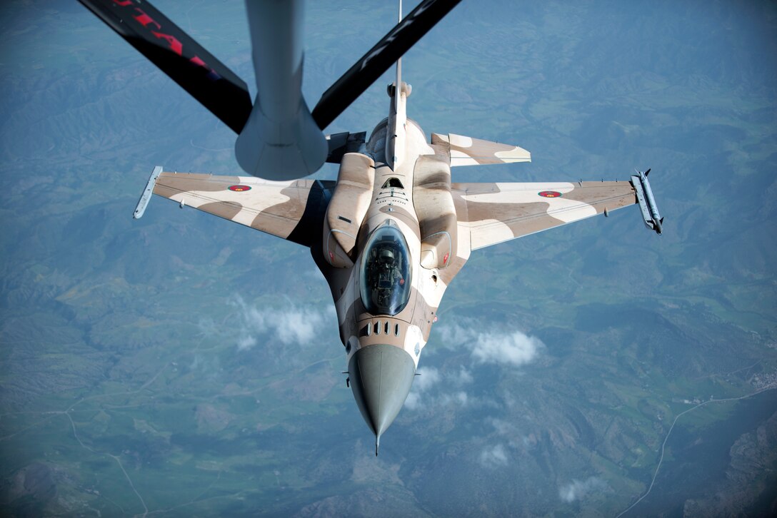 A Royal Moroccan air force F-16 prepares to receive fuel from a KC-135 Stratotanker from the 191st Air Refueling Squadron, during Exercise African Lion April 20, 2018