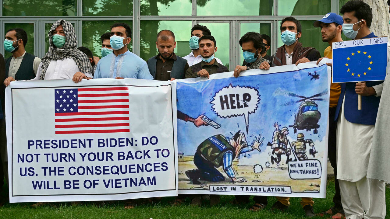 Afghan former interpreters for the US and NATO forces demonstrate in Kabul in April after US President Joe Biden announced the US withdrawal from the country