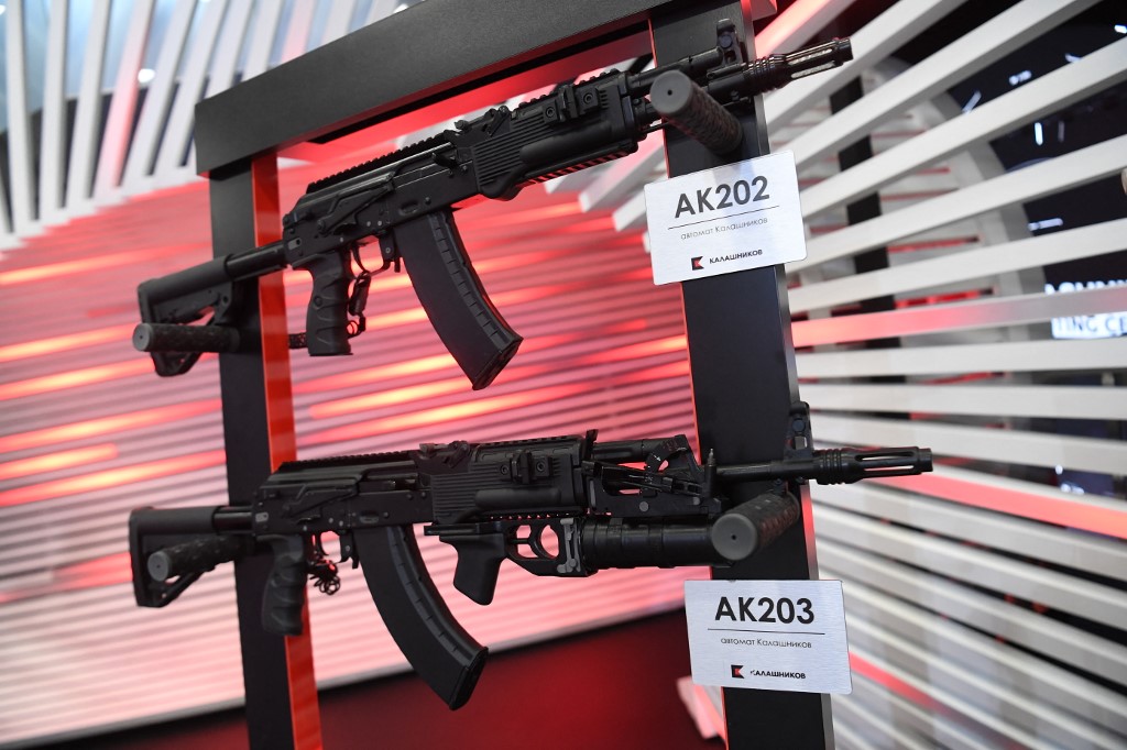 The AK-202 and AK-203 rifles are displayed during the St. Petersburg International Economic Forum in St. Petersburg, Russia, 2019