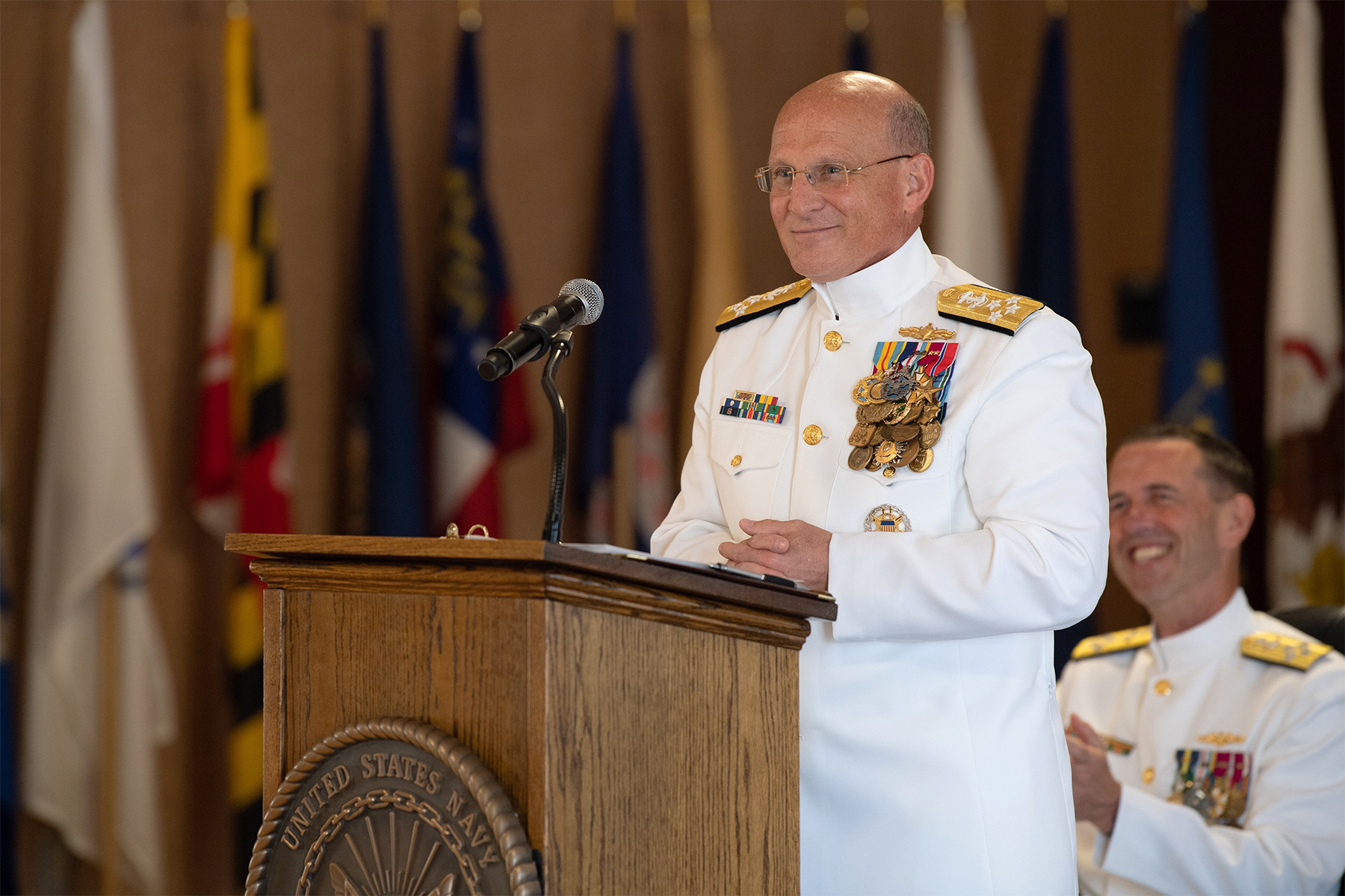 Navy Adm. Michael Gilday delivers his first remarks as the 32nd chief of naval operations during a change-of-office ceremony at the Washington Navy Yard, Aug. 22, 2019