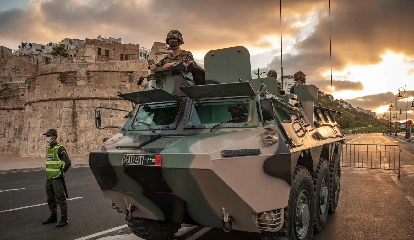 Moroccan soldiers patrol the city of Tangiers on August 11, 2020