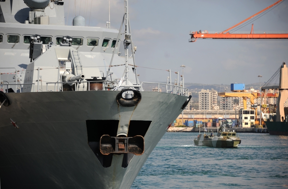 A Russian ship pictured at Russia's naval base in the Syrian Mediterranean port of Tartus