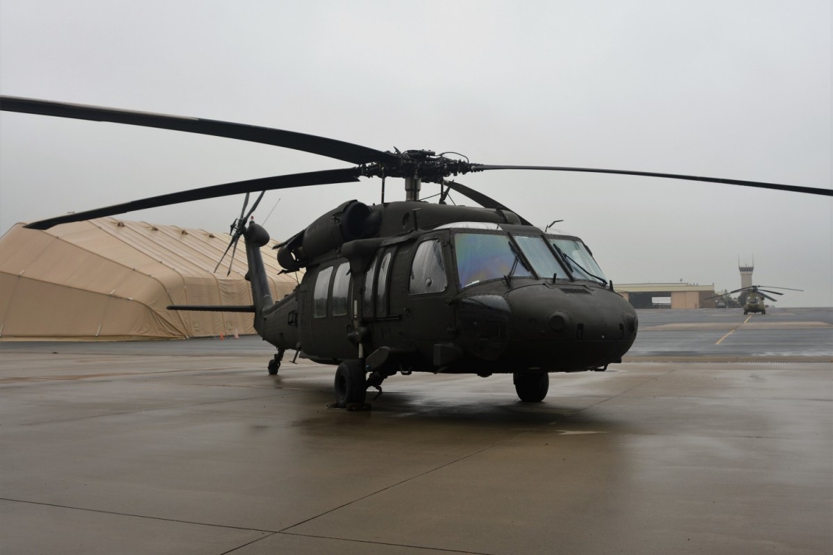 A UH-60V Black Hawk helicopter is parked on Muir Army Airfield for a ribbon-cutting ceremony for the new variant on October 6, 2021.