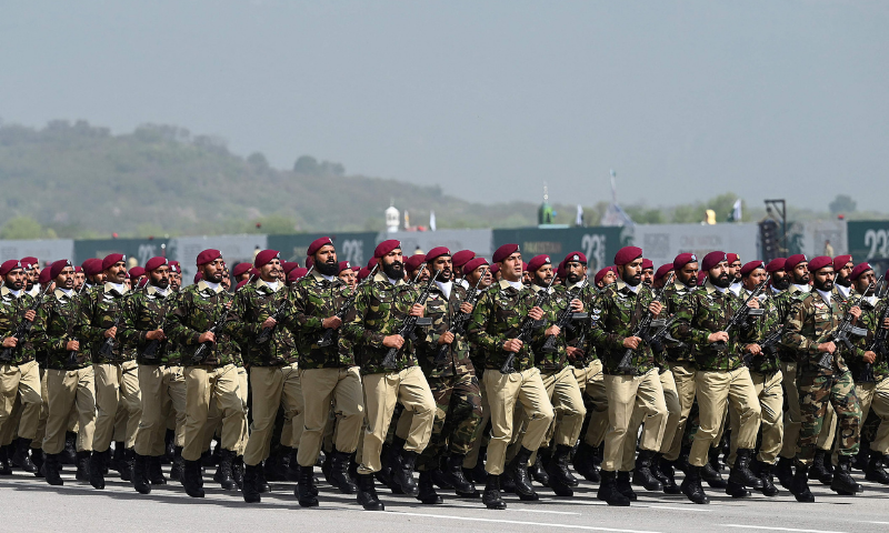 Pakistani defense forces during a military parade.