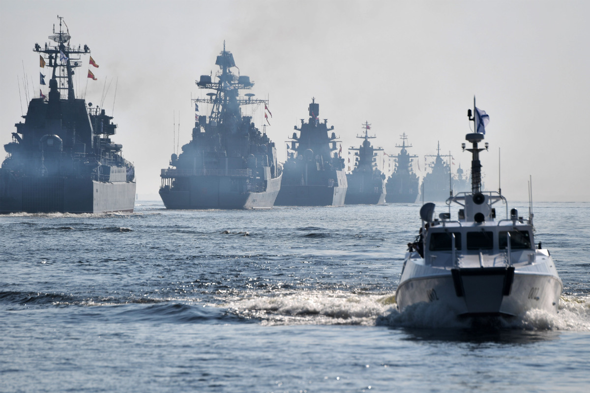 Russian navy warships are on display in the Baltic Sea during Navy Day celebrations in Saint Petersburg, 2019