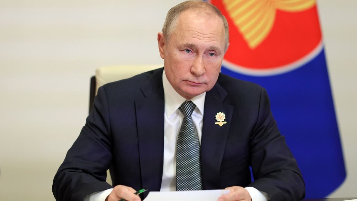 Russian President Vladimir Putin attends an ASEAN summit via a video link at his residence outside Moscow