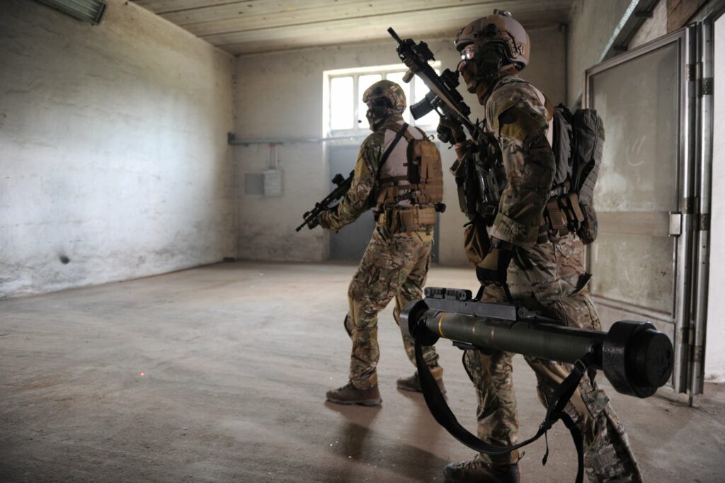 Soldier with RGW90 shoulder-fired weapon
