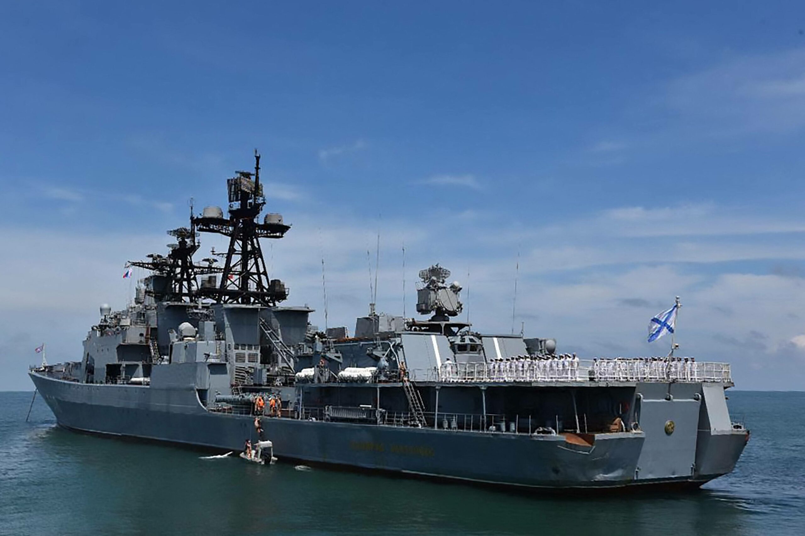 The Russian destroyer Admiral Panteleyev is seen off the waters of Belawan during a joint exercise between the Indonesian Navy, the Russian Navy and Asean members