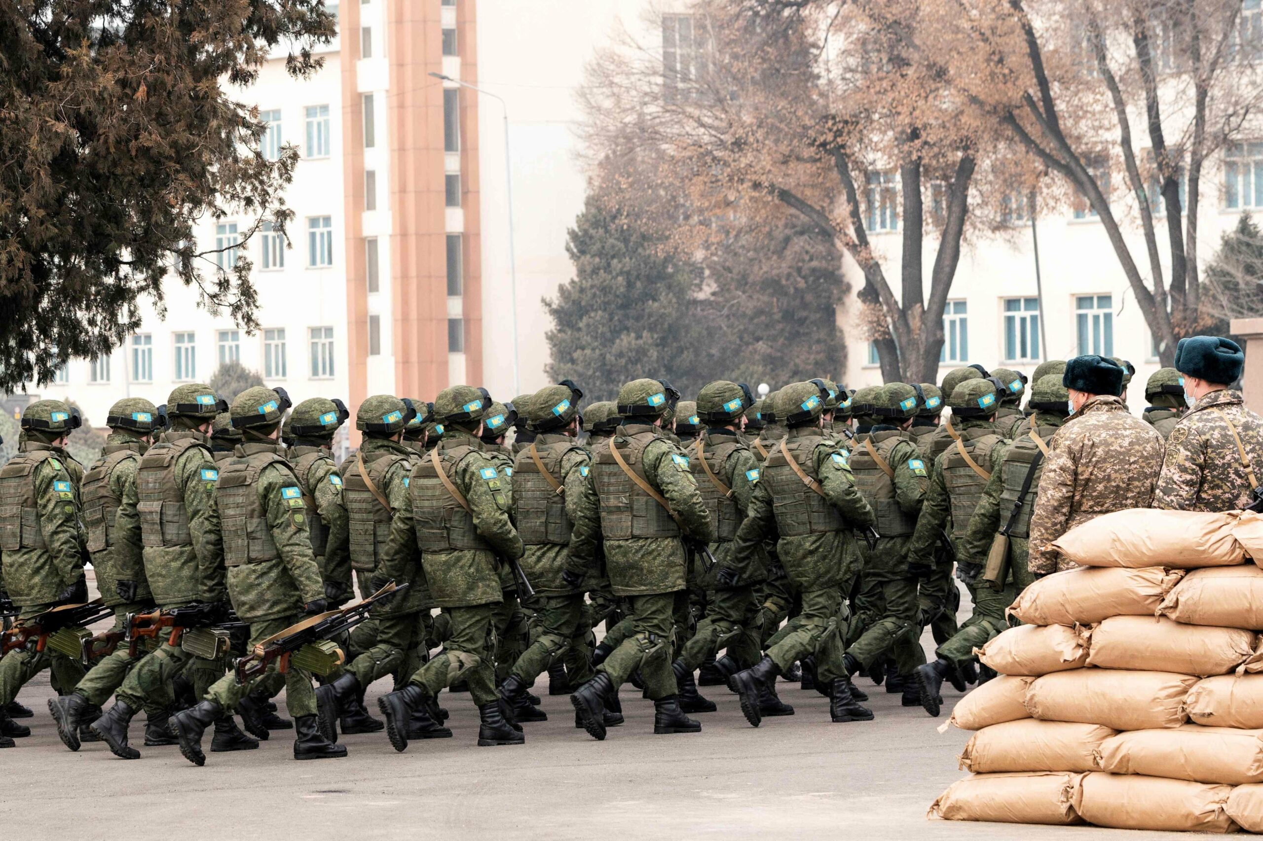 CSTO soldiers attend a ceremony to mark the end of their mission