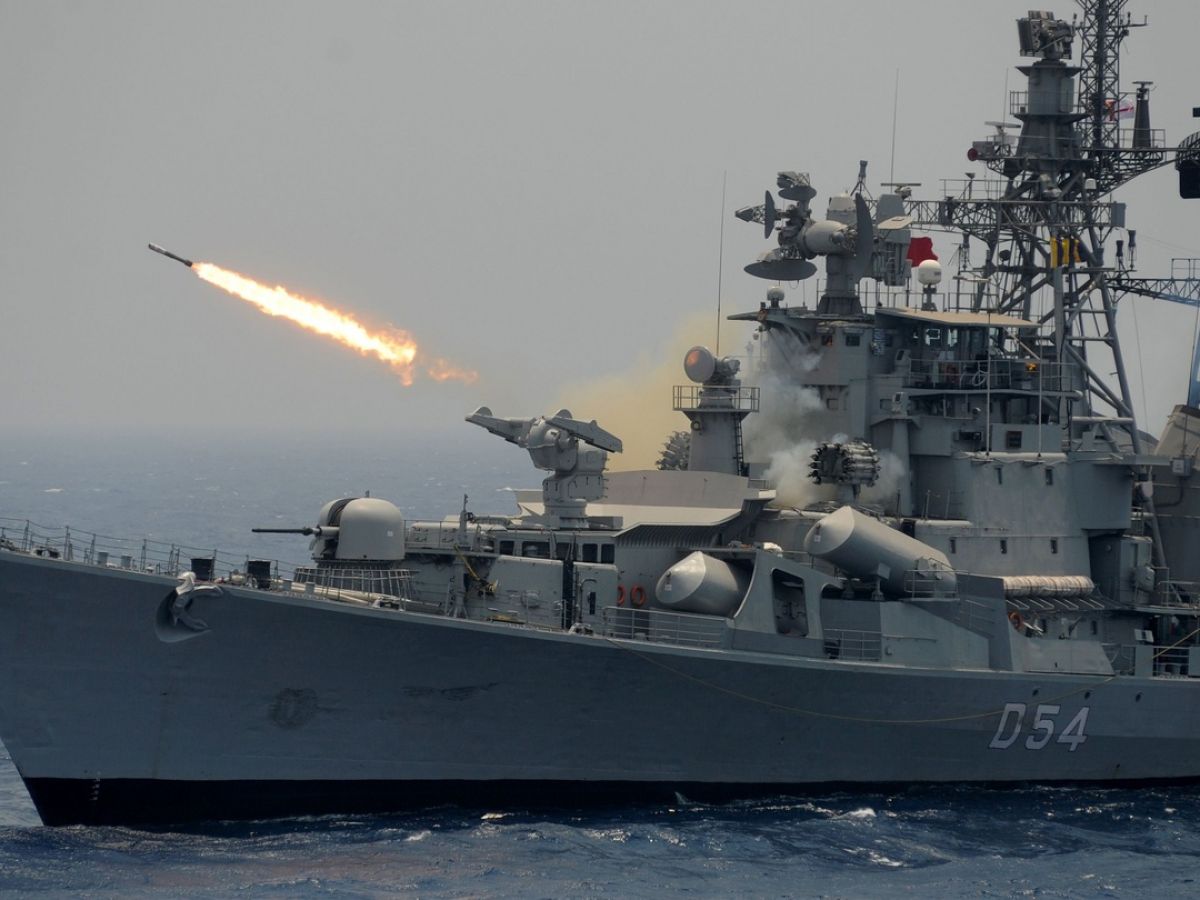 A rocket is fired from the Indian Navy destroyer ship INS Ranvir