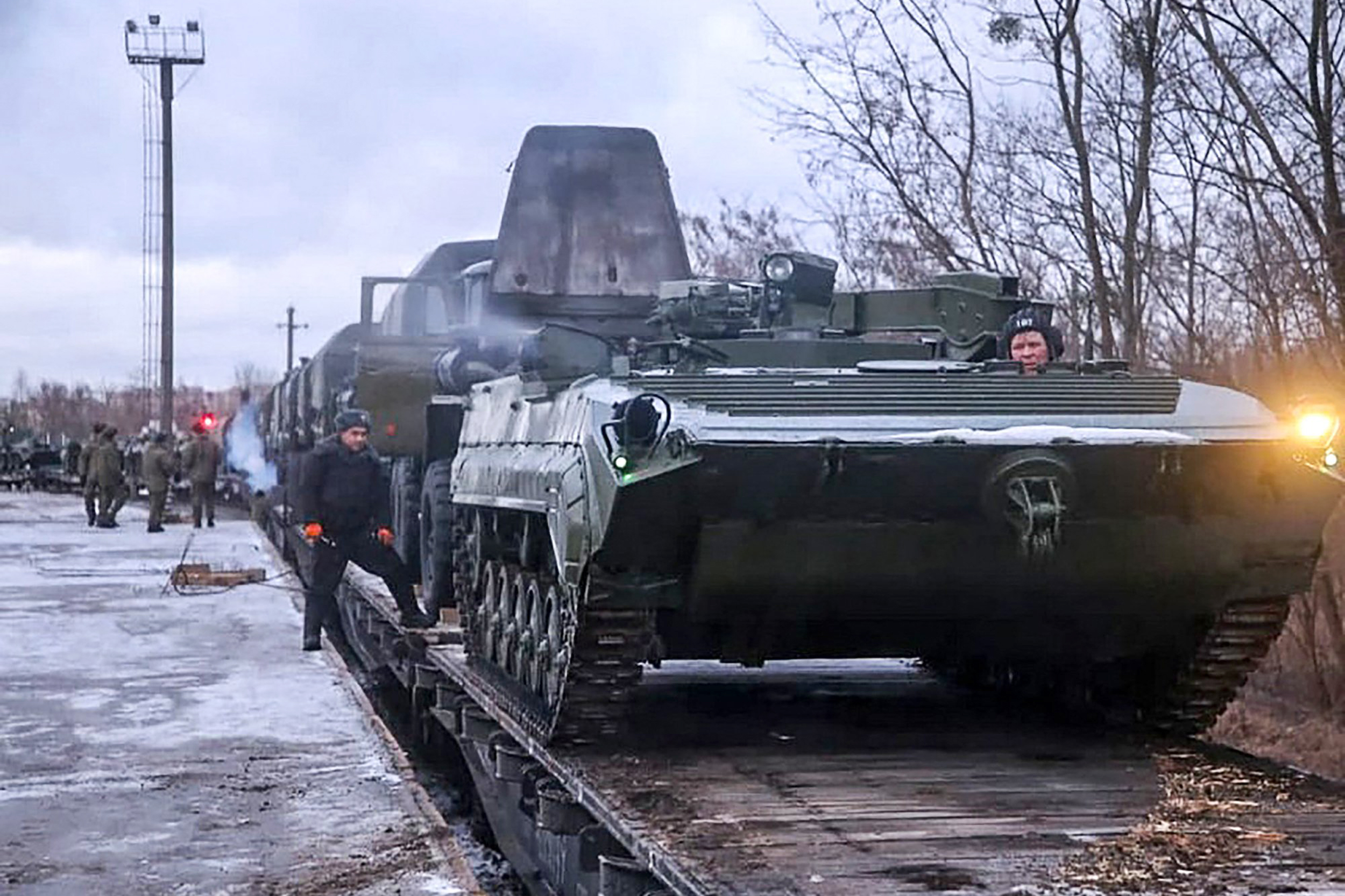 A Russian troop train transporting military vehicles arriving for drills in Belarus