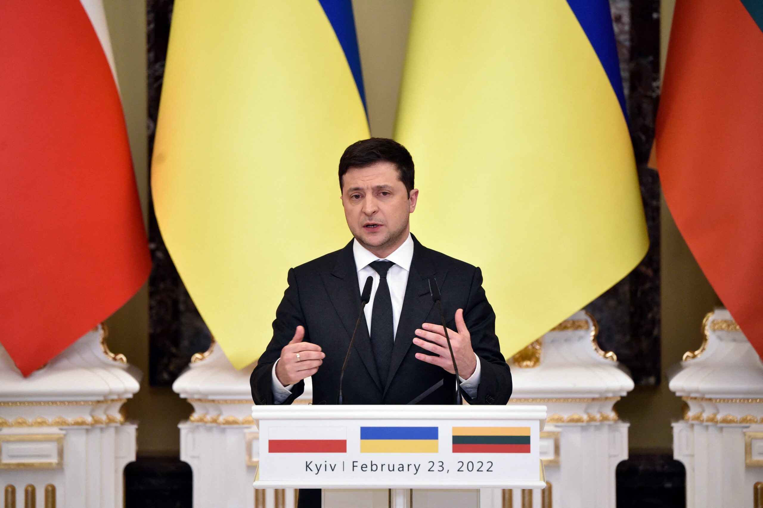 Ukrainian President Volodymyr Zelensky speaks at a press conference
