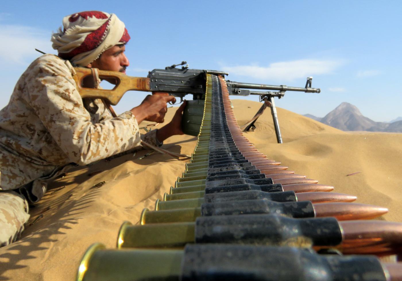 A pro-government fighter in Yemen during fighting with Houthis south of Marib