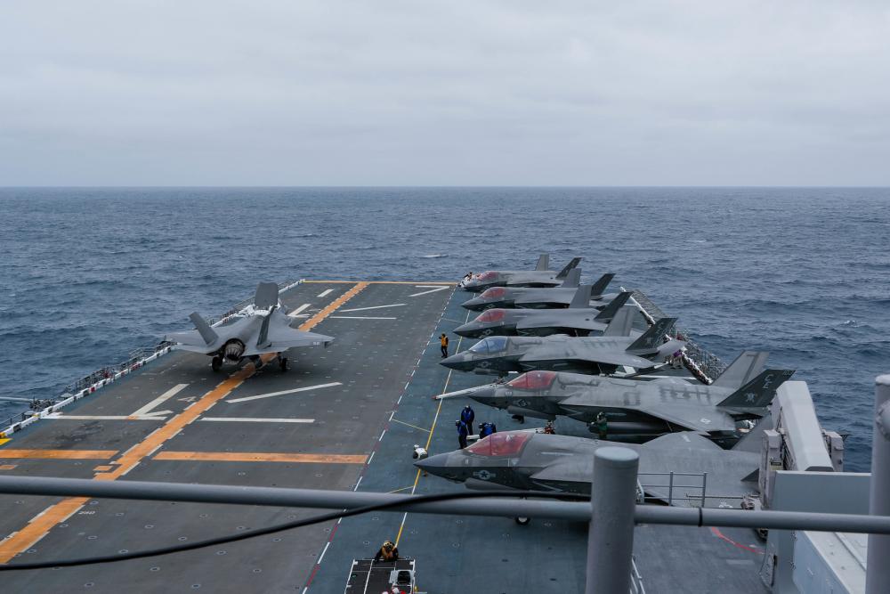 F-35B Lightning II aircraft attached to Marine Operational Test and Evaluation Squadron 1 takes off aboard amphibious assault ship USS Tripoli