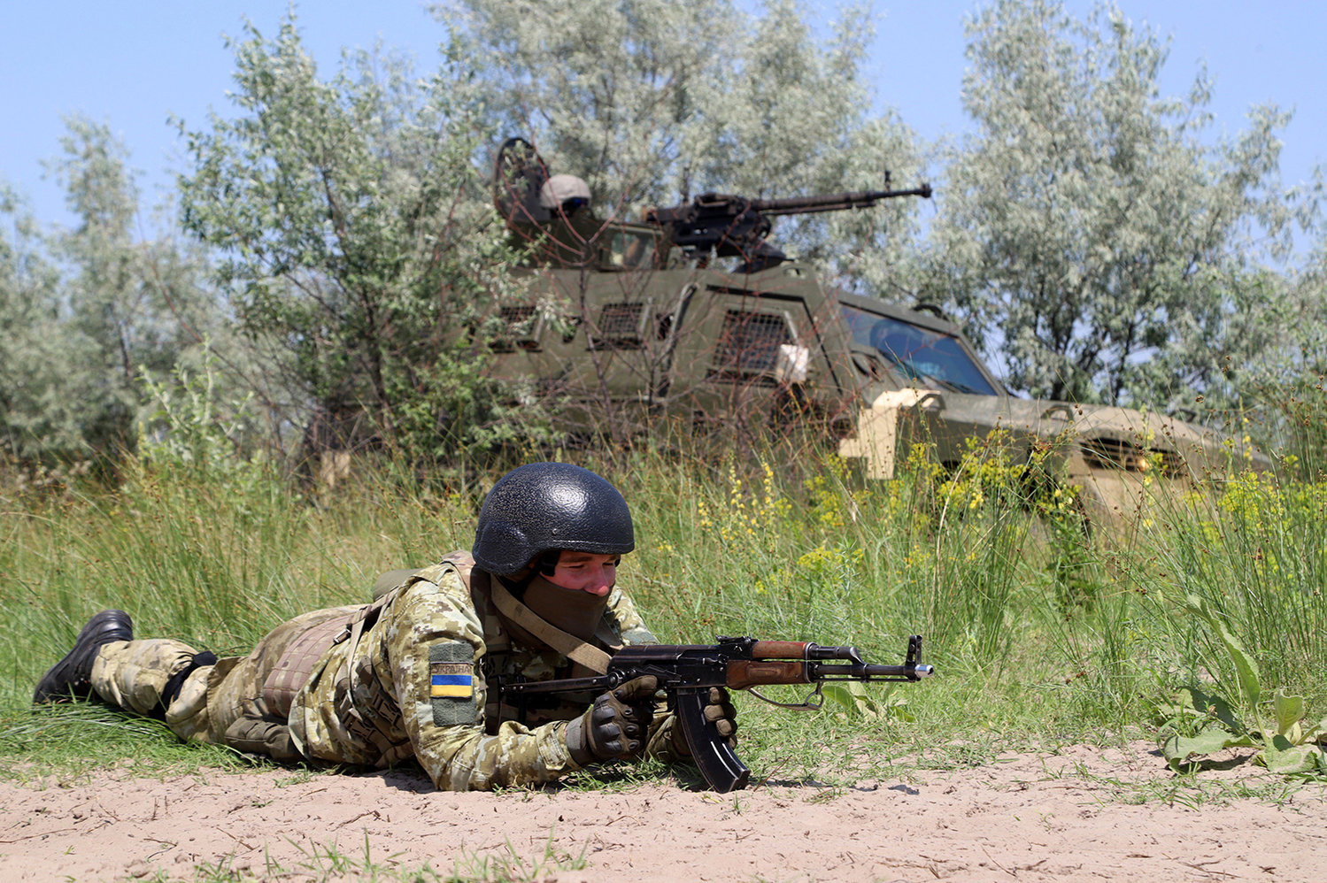 A Ukrainian army serviceman takes part in the Sea Breeze drills at the shooting range in the Kherson region of Ukraine