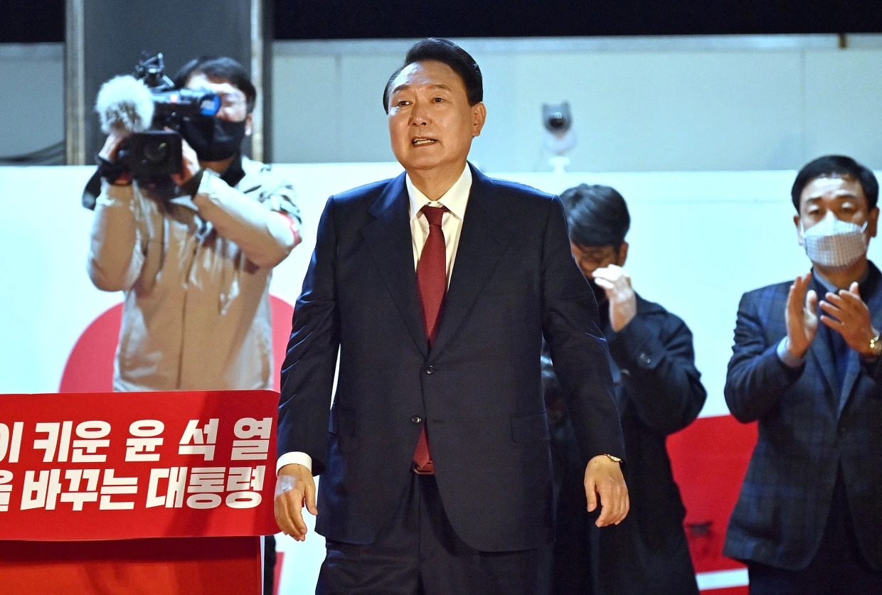 South Korea’s new president, Yoon Suk Yeol, outside the headquarters of his People Power Party in Seoul