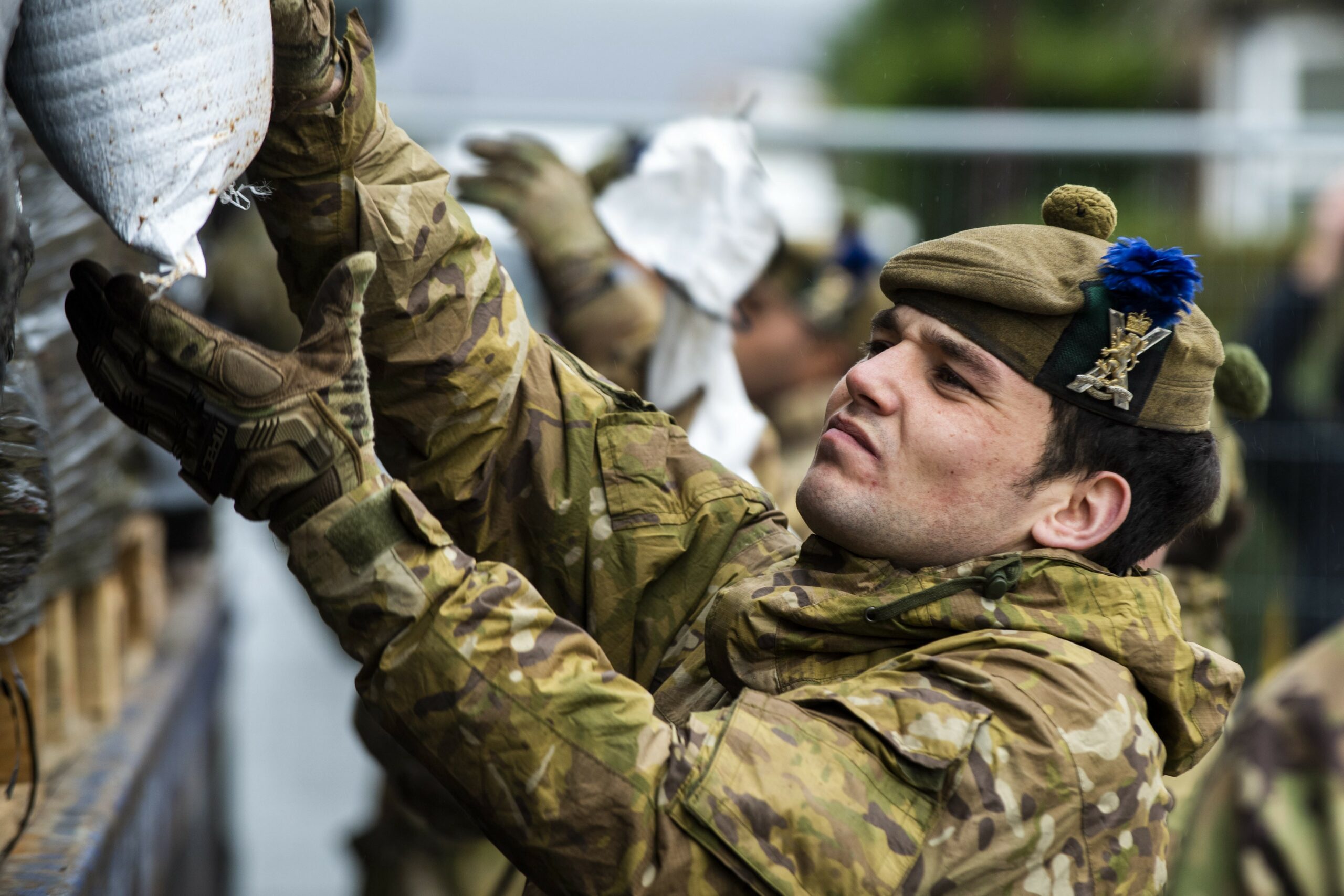 Army personnel aiding the Environment Agency in Ilkley and Calderdale during Storm Dennis, 2020