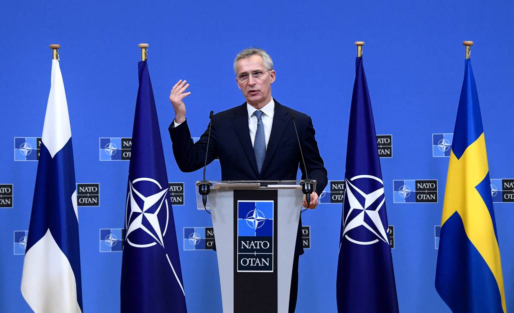 NATO Secretary-General Jens Stoltenberg speaks during a joint press with Sweden and Finland's Foreign ministers after their meeting at the NATO headquarters in Brussels