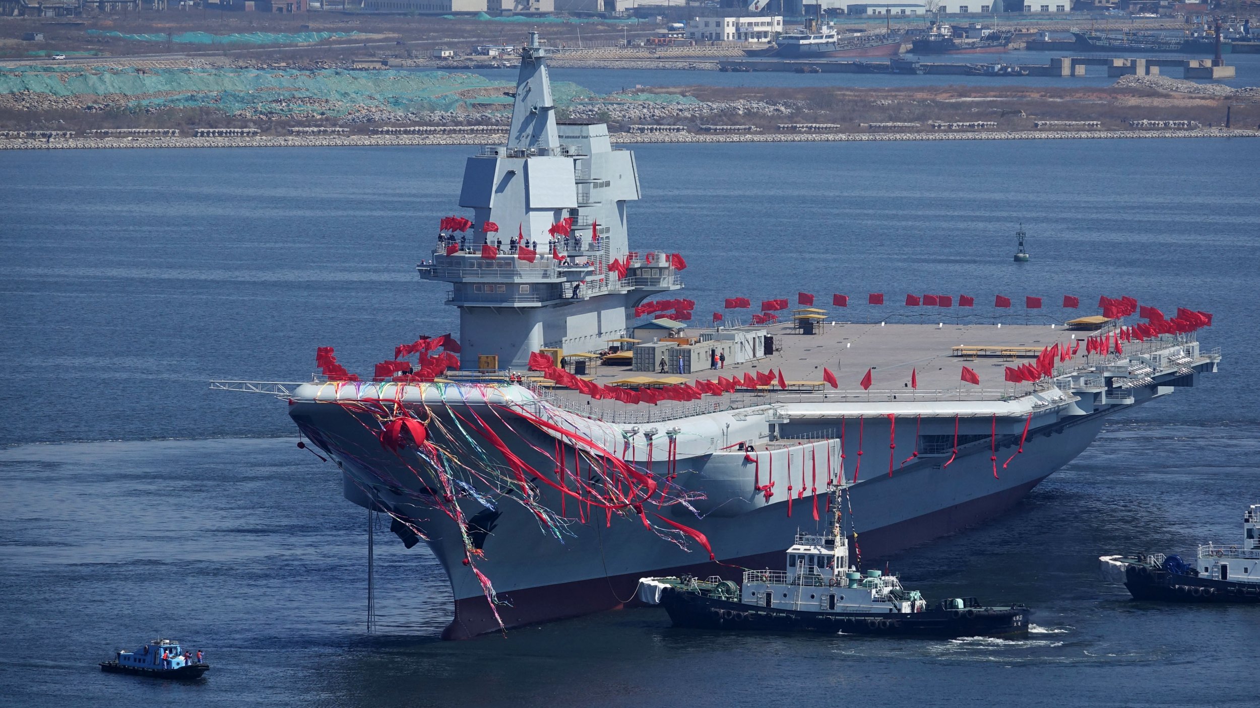 The Chinese Type 001A aircraft carrier is seen during a launch ceremony at Dalian shipyard in Dalian, China