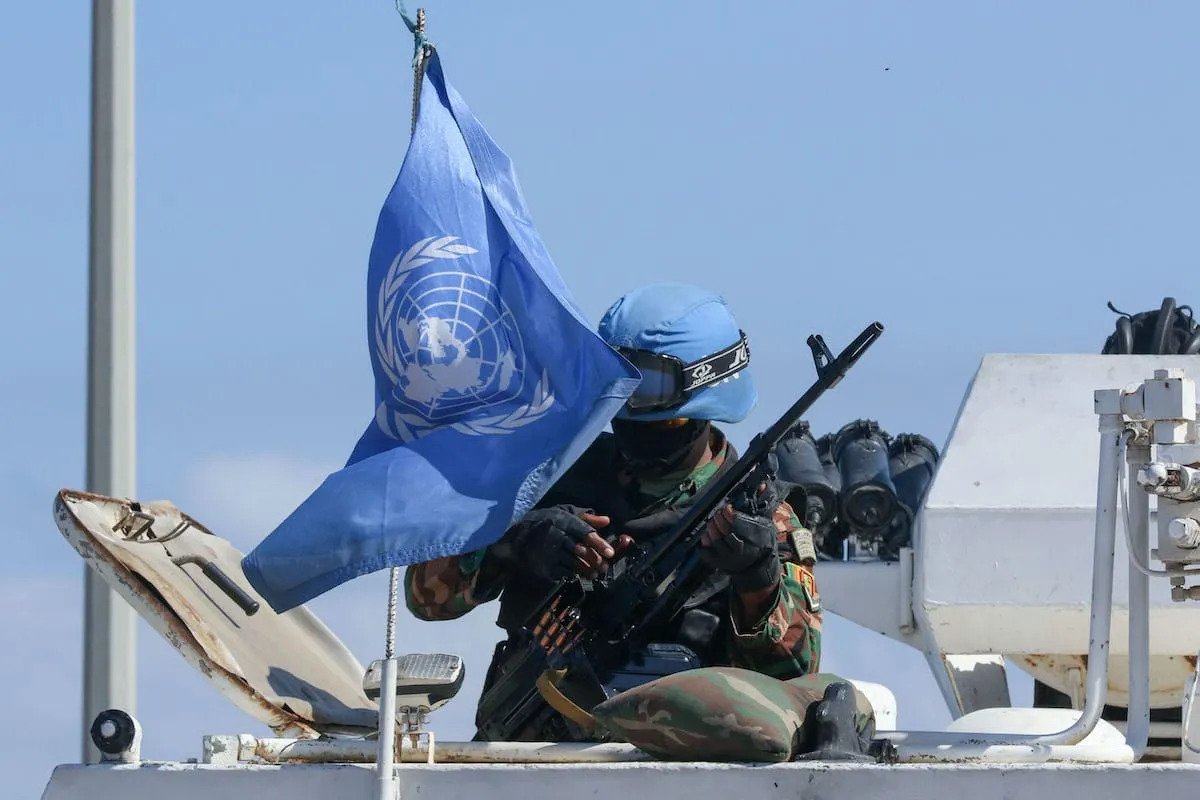 A UN peacekeeping force (UNIFIL) soldier at the Lebanese southern coastal area of Naqura, by the border with Israel