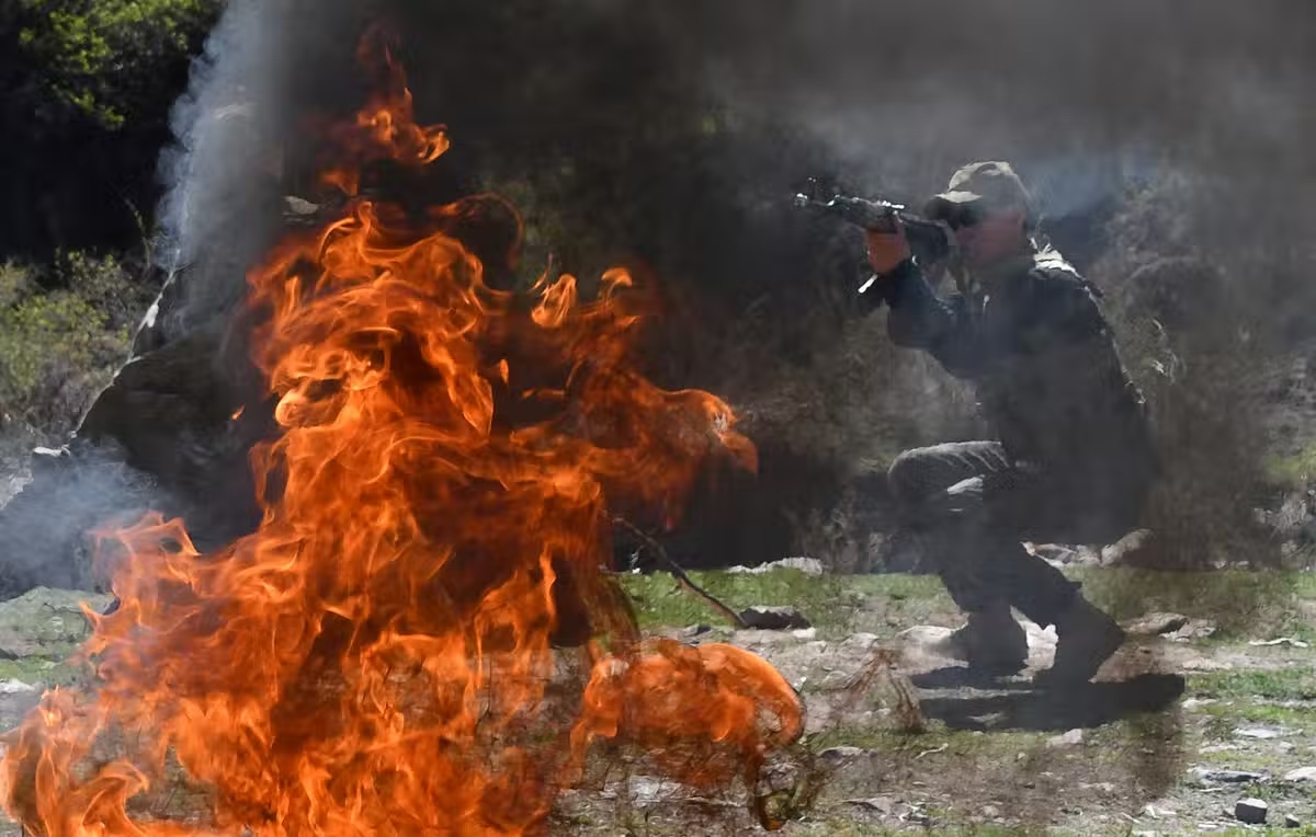 Kyrgyzstan troop during military drills in the Tatyr gorge area