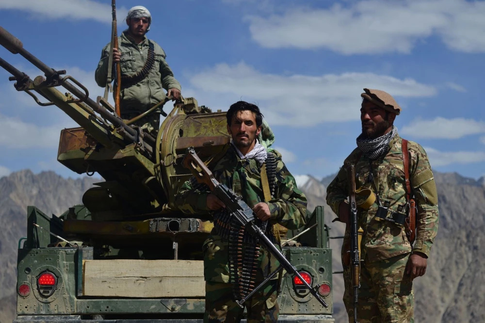 Afghan resistance and anti-Taliban fighters stand guard in Afghanistan’s Panjshir province