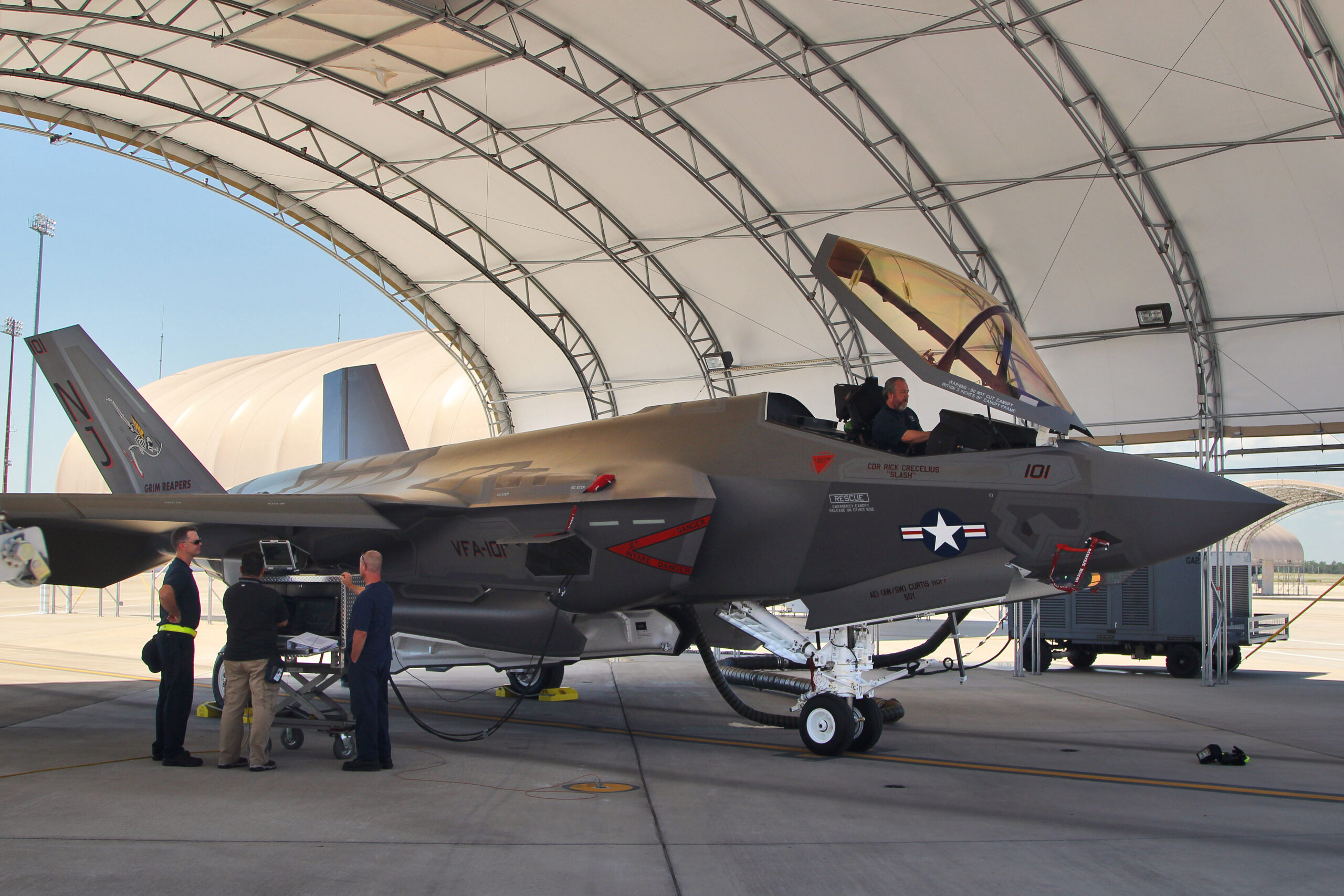 F-35C Lightning II aircraft under routine maintenance at Eglin AFB