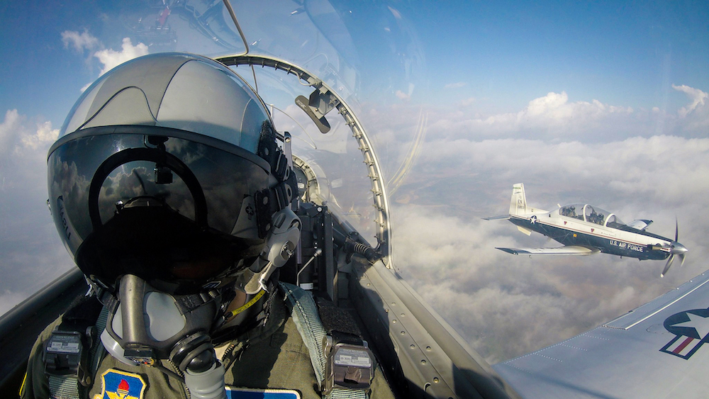 A student pilot flies a T-6A Texan II during a training sortie near Sheppard Air Force Base, Texas