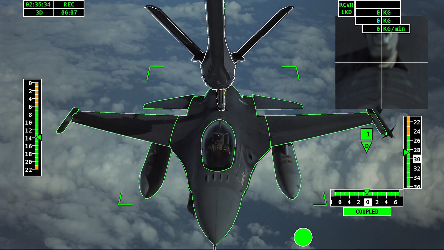 Airbus A330 MRTT tanker conducting automatic air-to-air refuelling to an F-16