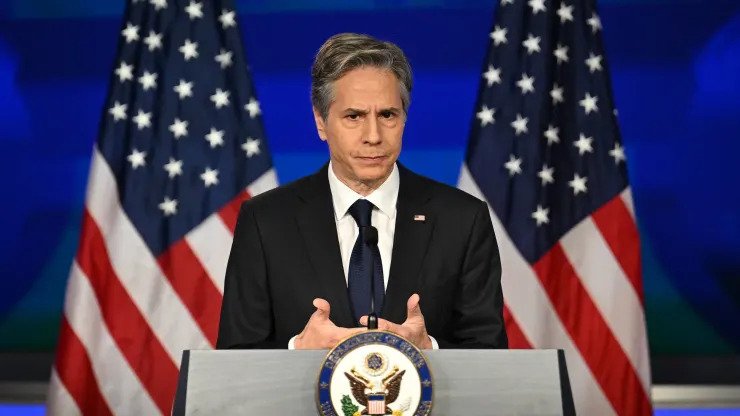 US Secretary of State Antony Blinken speaking during an event