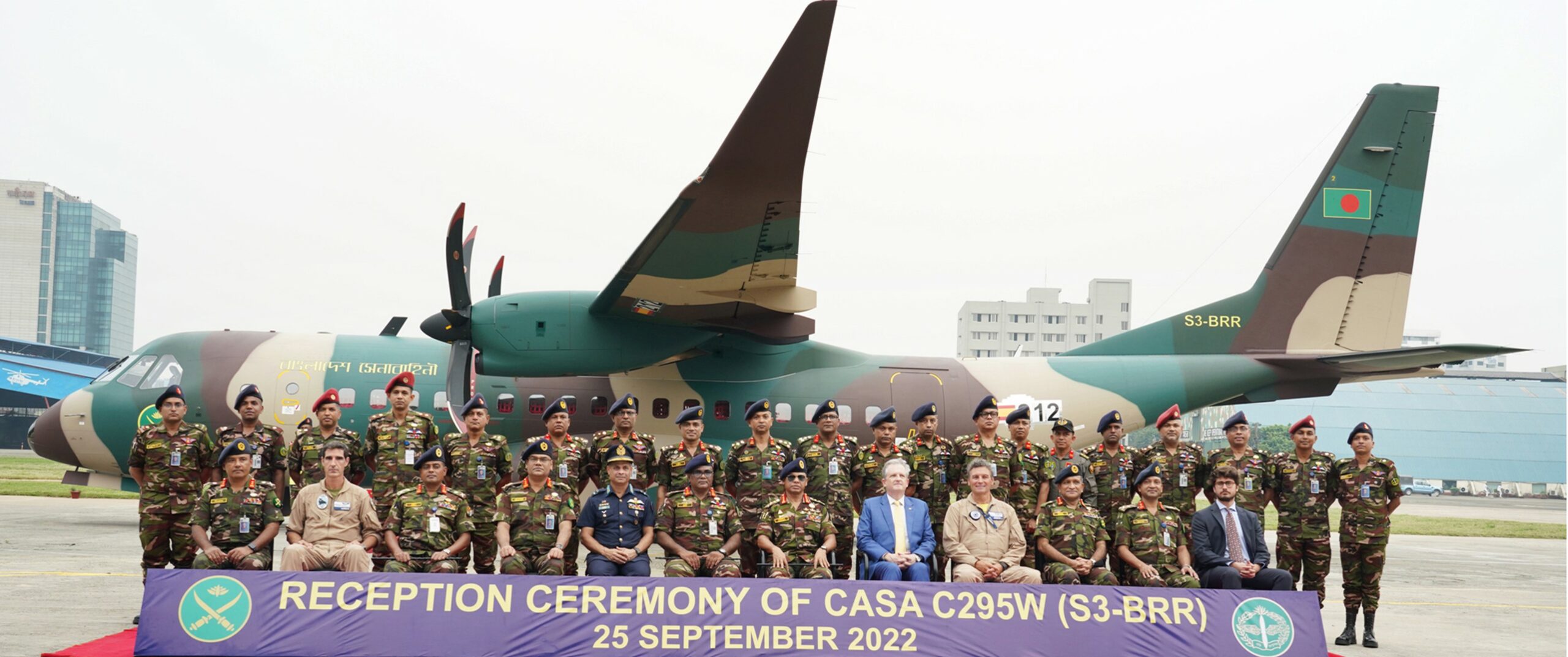 Bangladesh Army Aviation Group pose before their second C295W tactical military transport aircraft.