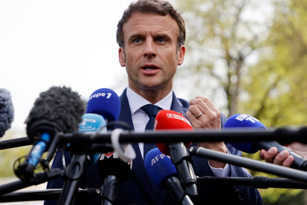 French President Emmanuel Macron speaks to the press