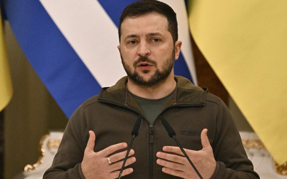 Ukrainian President Volodymyr Zelensky speaking at an event