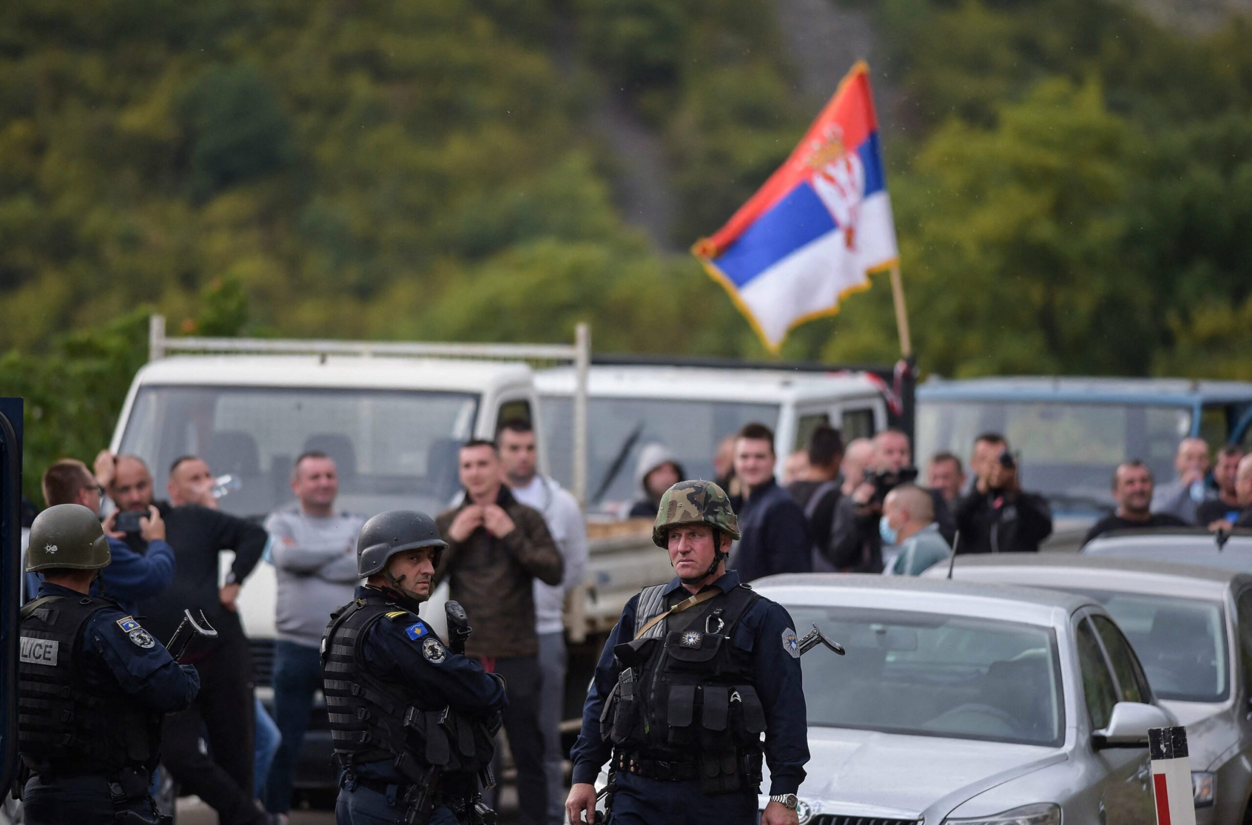 Kosovo police special units secure the area near the Jarinje border crossing on September 20, 2021