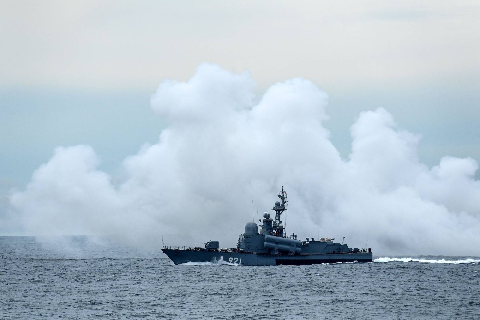 A Russian rocket boat takes part in the 'Vostok-2022' military exercises at the Peter the Great Gulf of the Sea of Japan outside the city of Vladivostok