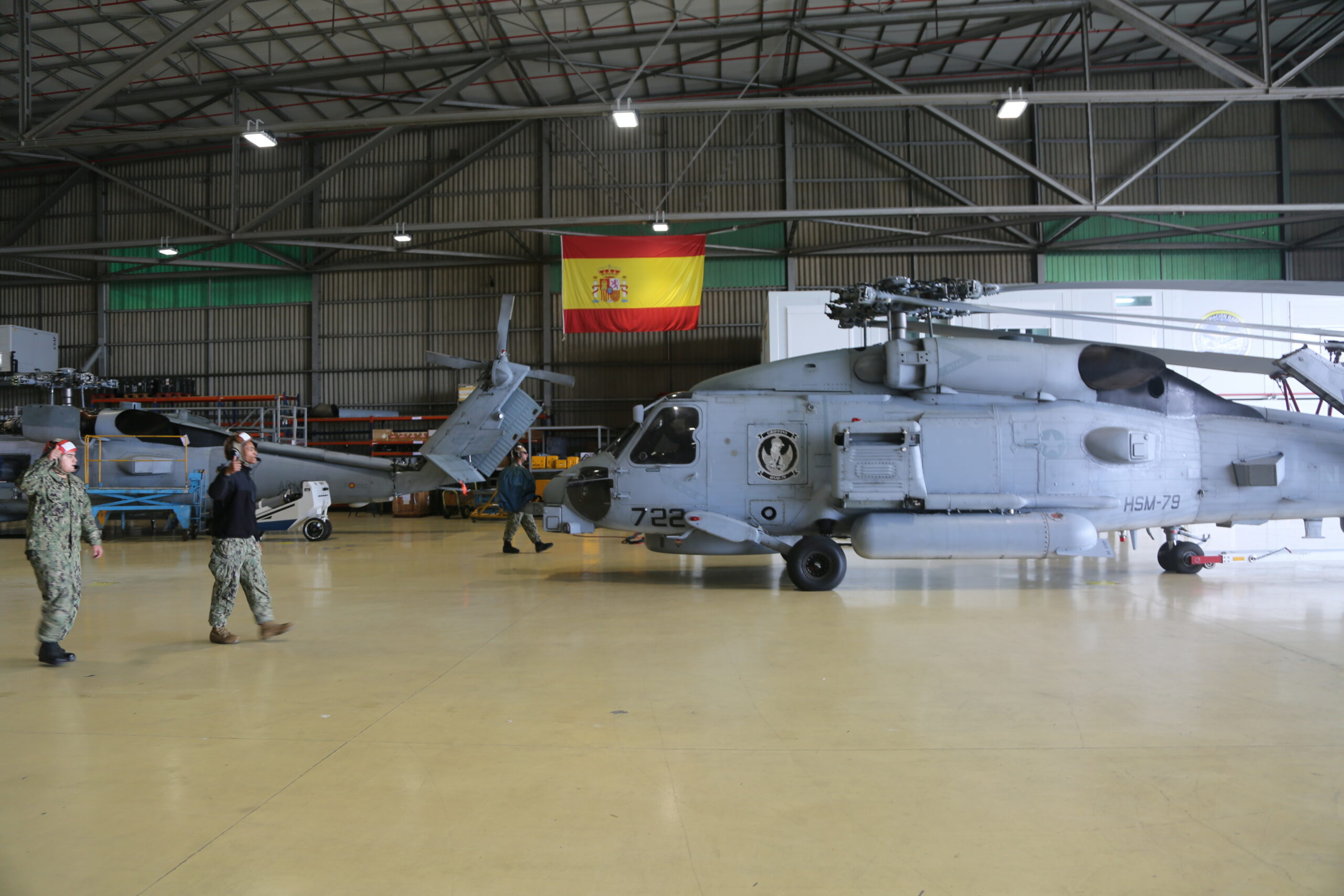 Sailors assigned to Helicopter Maritime Strike Squadron (HSM) 79 completed an MH-60R tail bushing repair with Spanish aviation specialists at Naval Station Rota, Spain, January 2023. (US Navy photo by LT Katherine Kinnear.)
