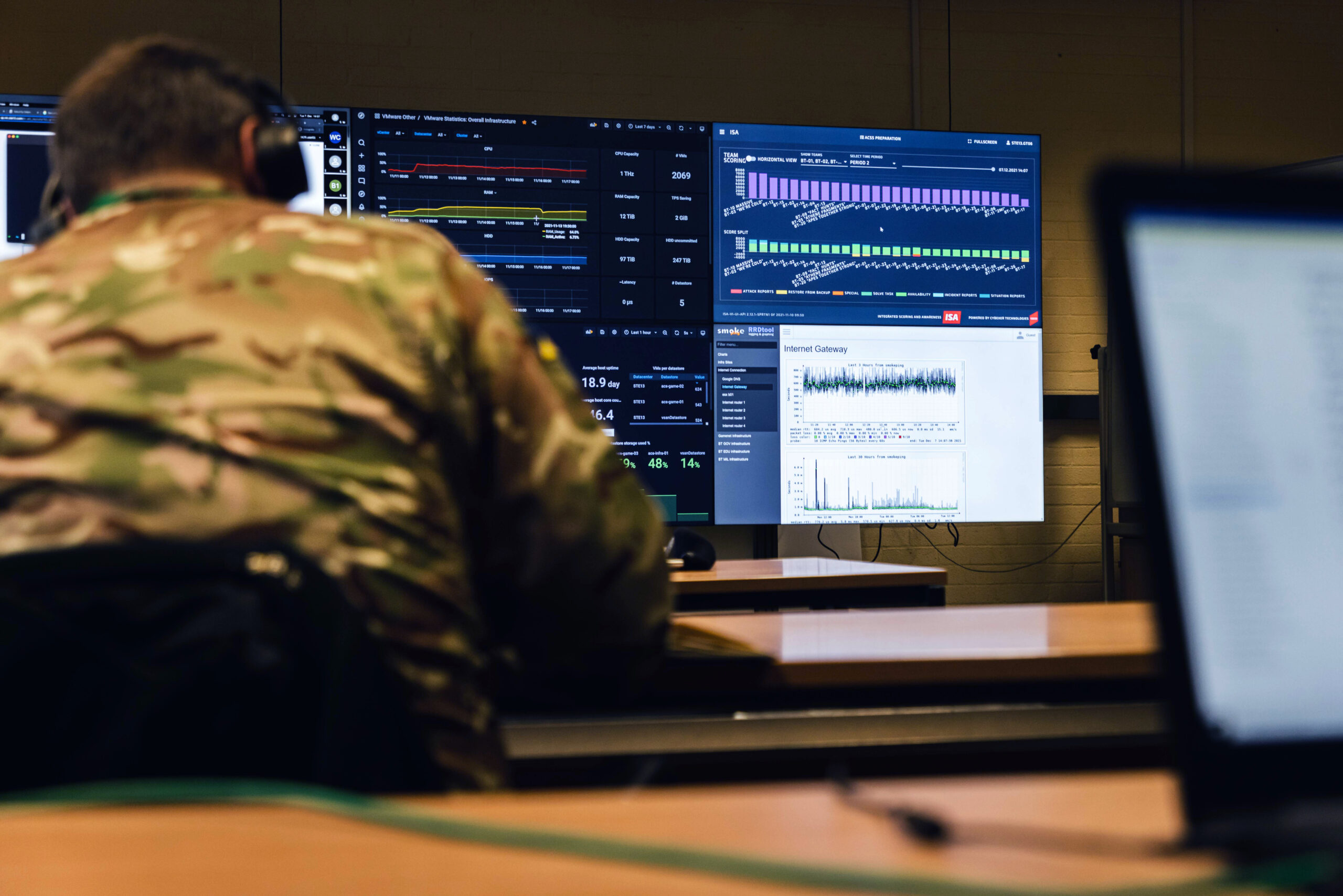 Pictured are Soldiers deployed on Exercise Army Cyber Spartan taking part in creating traffic for the network in order to enable the Blue and Red teams taking part in the exercise to complete their tasks. Exercise Army Cyber Spartan 5 (ACS5) is an offensive and defensive cyber exercise on a live network with the aim to attract the widest talent. Ex. ACS5 welcomes participation from across the Field Army, with units invited to form Blue teams consisting of 10 people each with up to 30 Blue Teams in total. The Blue Teams are the exercising troops and are defending and administering representatives systems and services in a military context, whilst ensuring continued access to user. The Red Team are the opposing force (OPFOR) and their role is to attempt a series of exploits to gain access to information or disrupt normal service operation. These are the actions that the Blue Team are defending against.