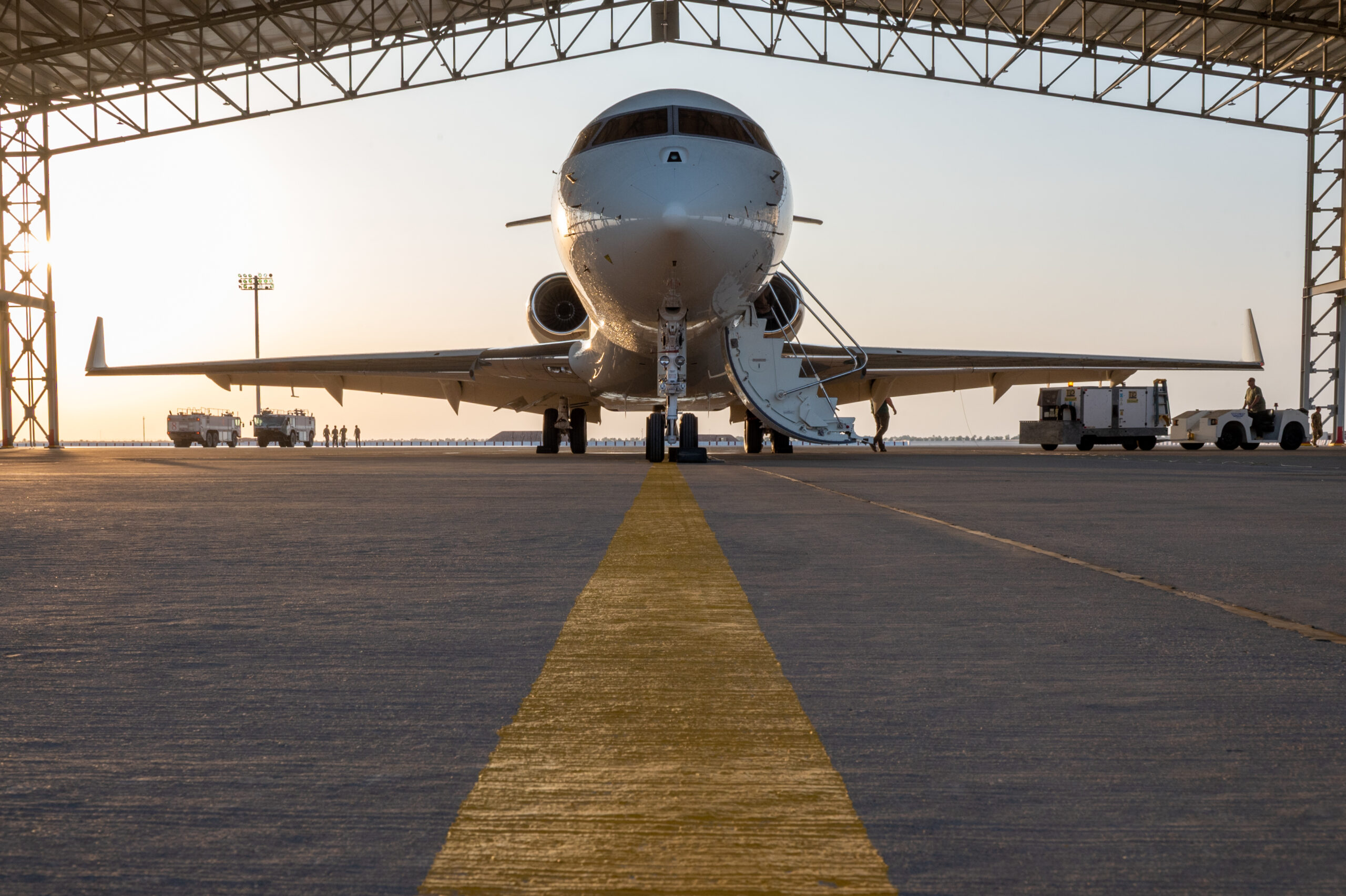 A new U.S. Air Force E-11A BACN aircraft sits parked at Prince Sultan Air Base, Kingdom of Saudi Arabia, Dec. 16, 2022. This E-11A is the newest addition to 430th Expeditionary Electronic Communications Squadron's fleet. Commonly known as Battlefield Airborne Communications Node, or BACN, this aircraft extends the range of communications channels and enables better communication amongst units. (U.S. Air Force photo by Staff Sgt. Shannon Bowman)