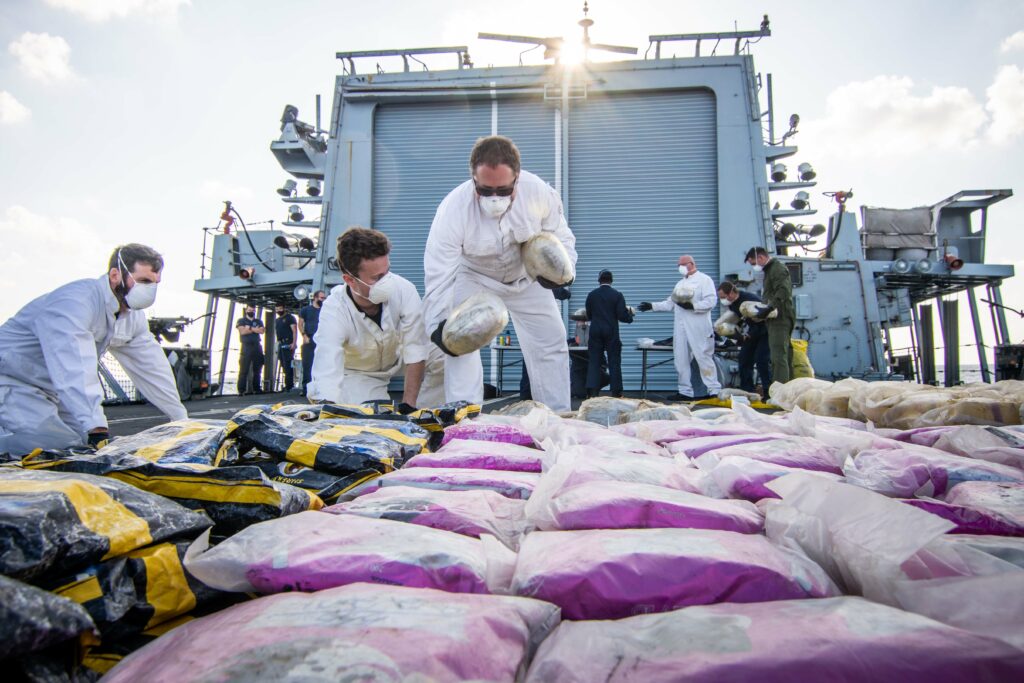 A drugs haul is laid out on Montrose's flight deck