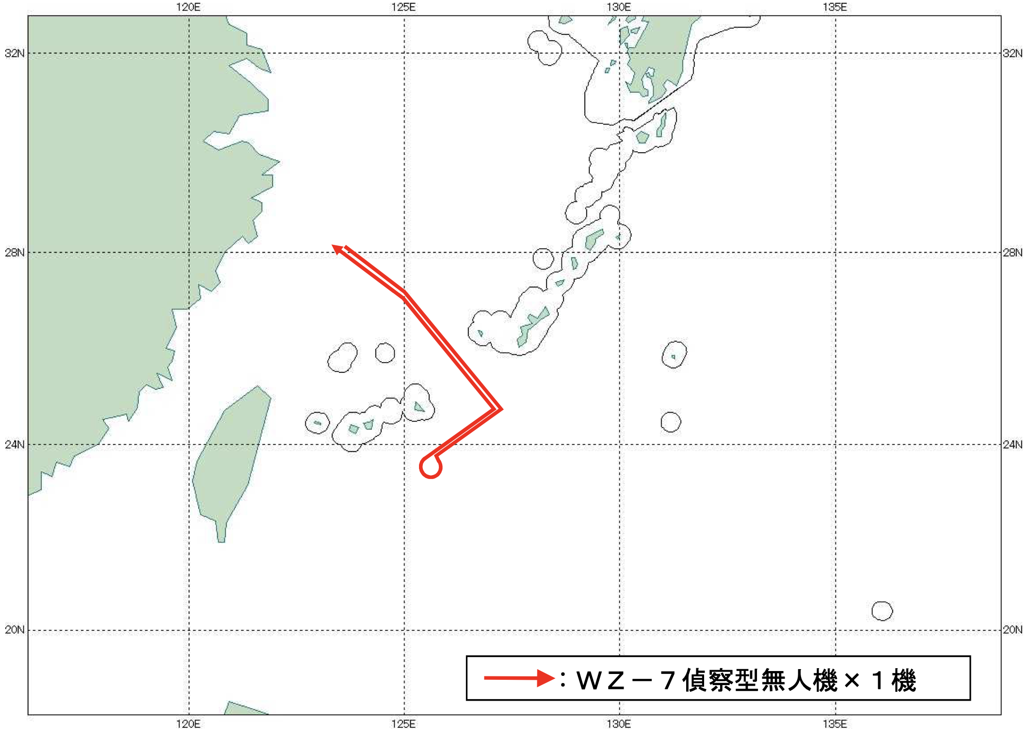 Map showing the path of the Chinese drone