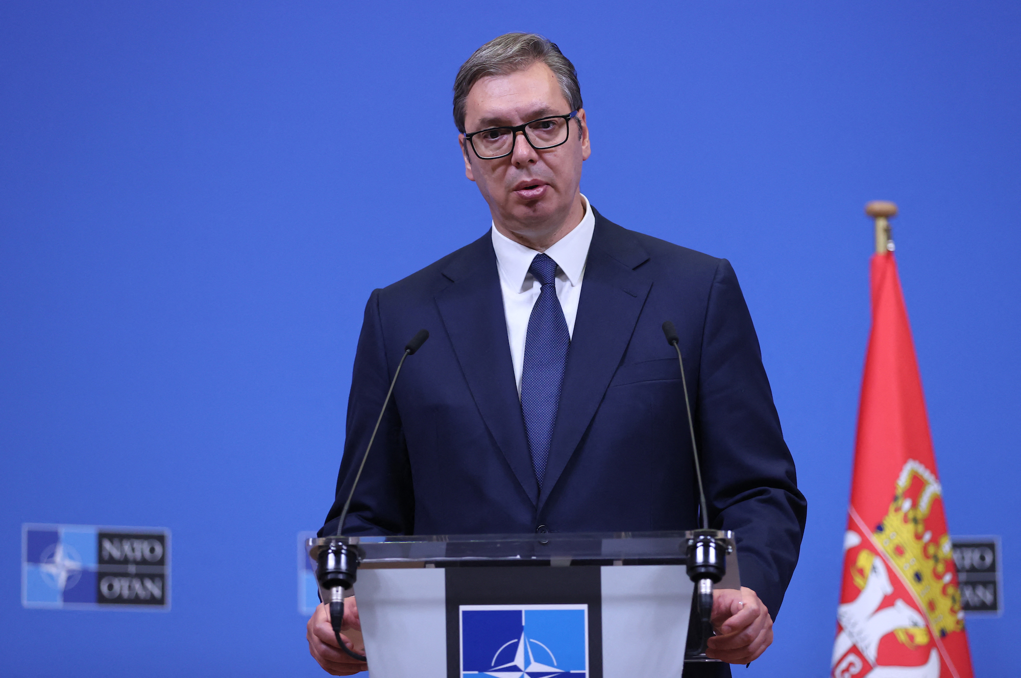 Serbian President Aleksandar Vucic speaks during a press conference at the NATO headquarters in Brussels, August 2022