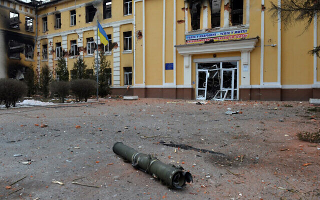 A destroyed school near the center of the Ukrainian city of Kharkiv