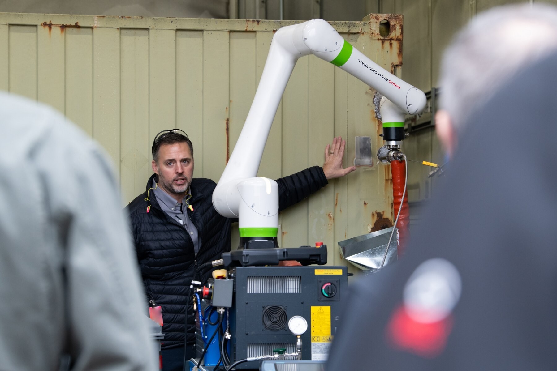 Participants from across the Department of Defense, private industry and academia gather at Letterkenny Army Depot Feb. 9 for a demonstration of the latest applications of cold spray technology. LEAD integrated cold spray to mitigate corrosion on Army systems in the past year, and engineers are looking to leverage the technology further. “Cold spray is an additive manufacturing technology that we’re using to repair parts,” said Ashley Filling, a production engineer at LEAD. “Unlike other additive manufacturing technologies that are used to make parts, cold spray is used to repair many different materials. We’re focusing on several aluminum alloys and a high-hard steel repair.” The demonstration held Feb. 9 focused on robotic and mobile cold spray applications. These applications will help to expand LEAD’s cold spray capabilities. (U.S. Army photo by Dorie Heyer)