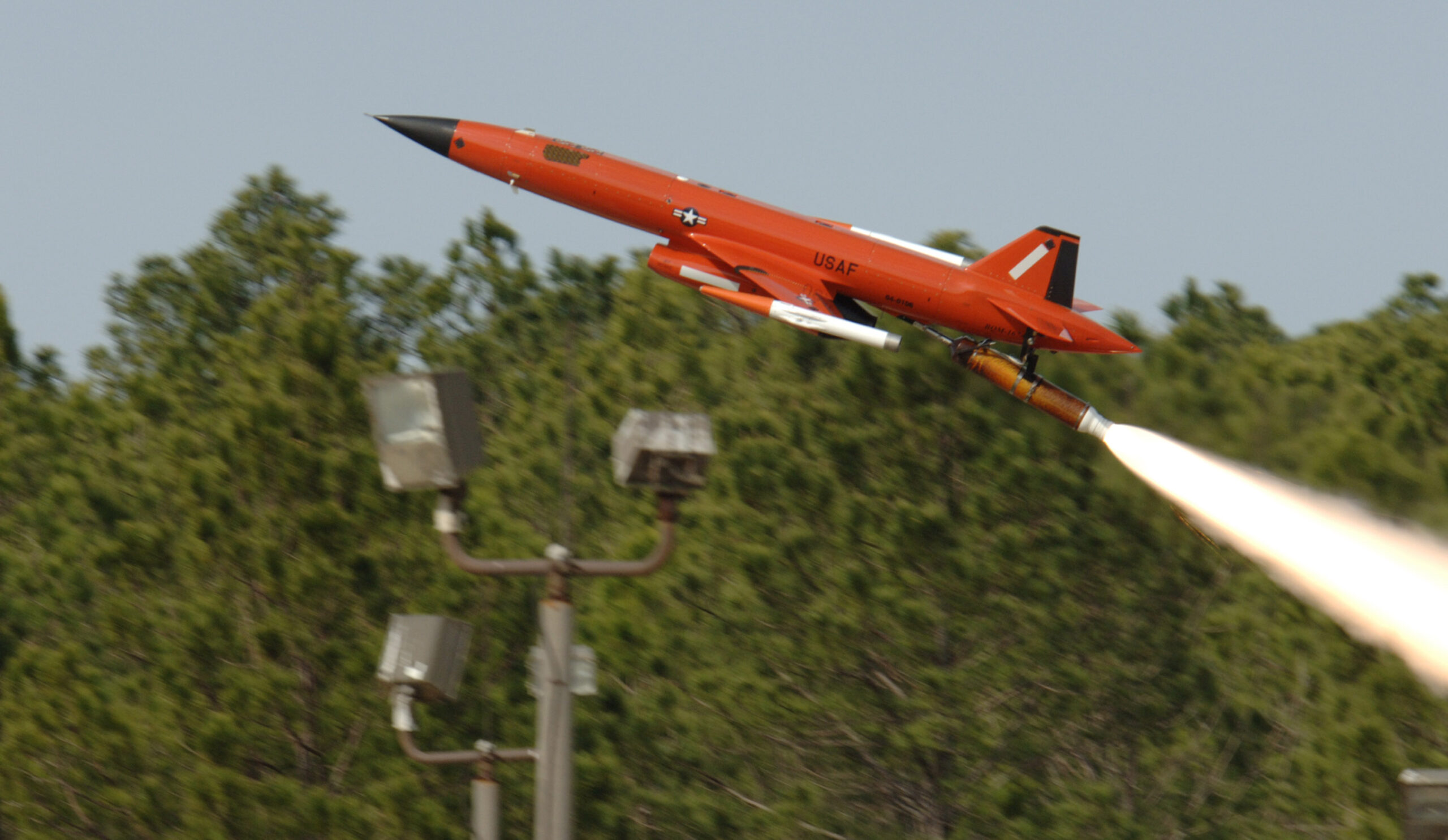 A BQM-167 Air Force Subscale Aerial Target is launched from Tyndall Air Force Base, Fla. The drone provides a threat-representative target for the Air Force Weapon System Evaluation Program. (U.S. Air Force photo/Bruce Hoffman)