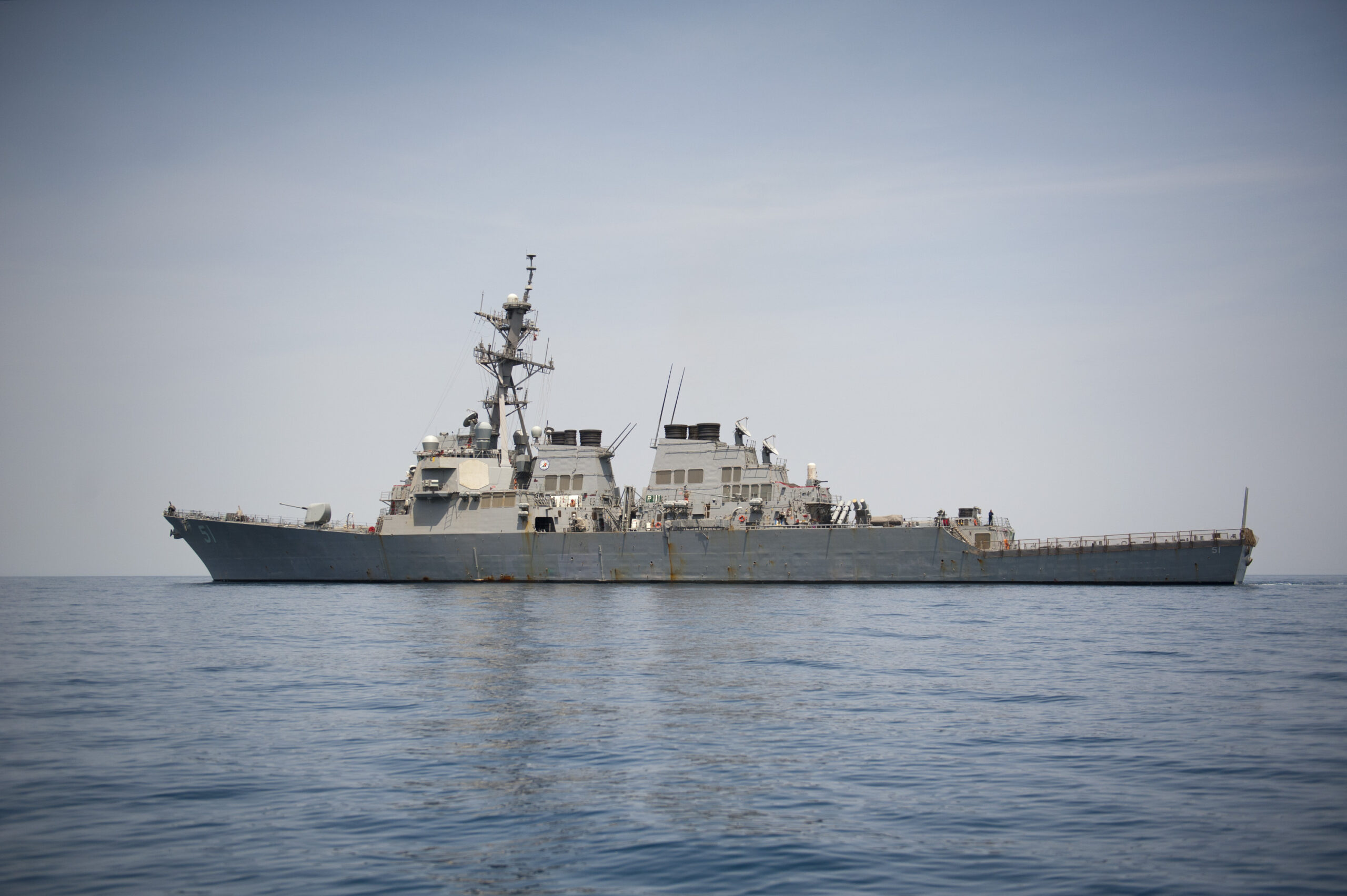 The guided missile destroyer USS Arleigh Burke (DDG 51) steams through the Persian Gulf April 15, 2014. The Arleigh Burke was underway in the U.S. 5th Fleet area of responsibility supporting maritime security operations and theater security cooperation efforts. (U.S. Navy photo by Mass Communication Specialist 2nd Class Carlos M. Vazquez II/Released)
