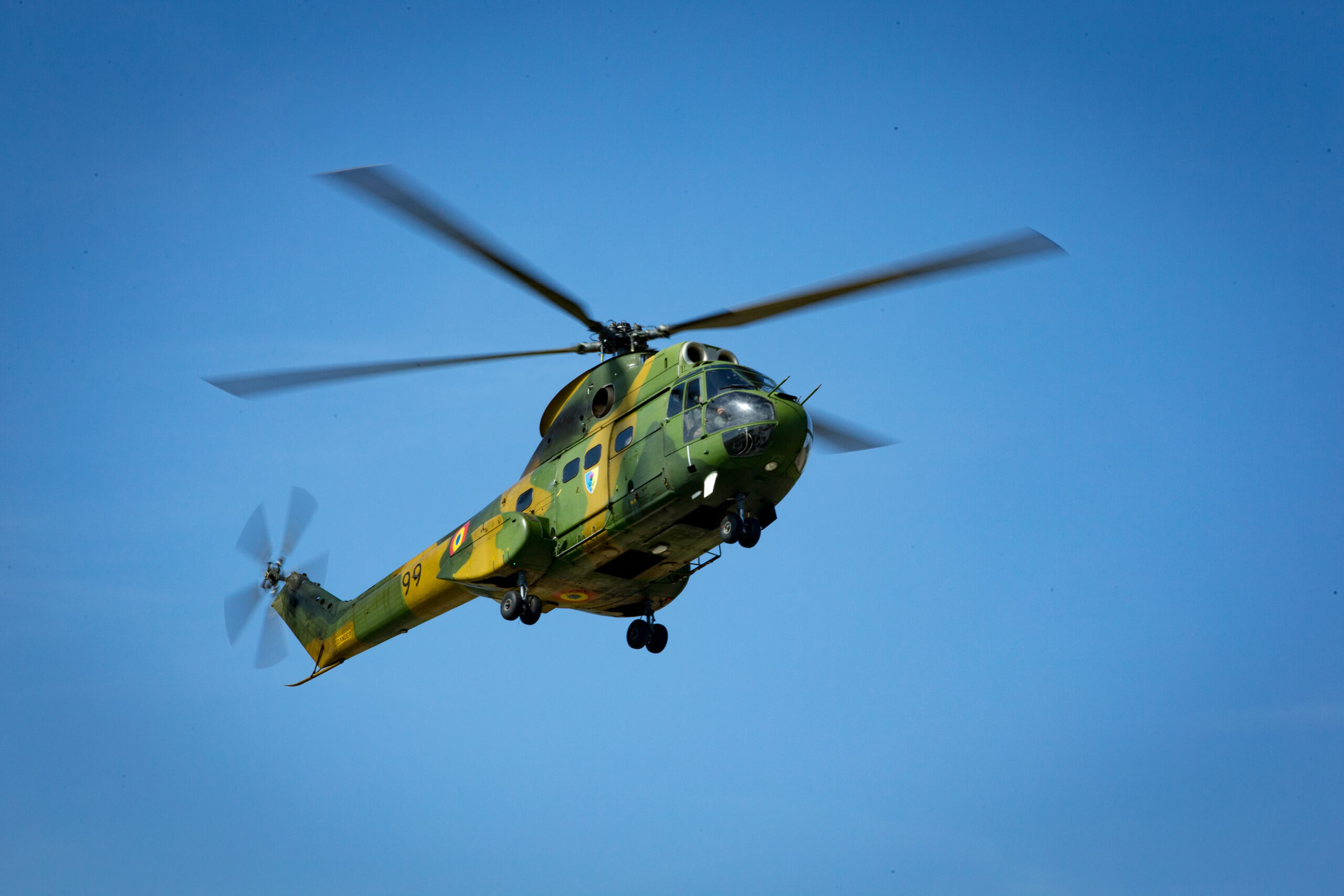 A Romanian IAR 330 Puma helicopter conducts notional Close Air Support (CAS) with U.S. Marines of Black Sea Rotational Force (BSRF) 18.1 aboard Mihail Kogalniceanu Air Base, Romania, May 15th, 2018. BSRF Marines maintain relationships with our allies and partner nations through a variety of training events, to include CAS coordination. (U.S. Marine Corps photo by LCpl. Angel D. Travis)